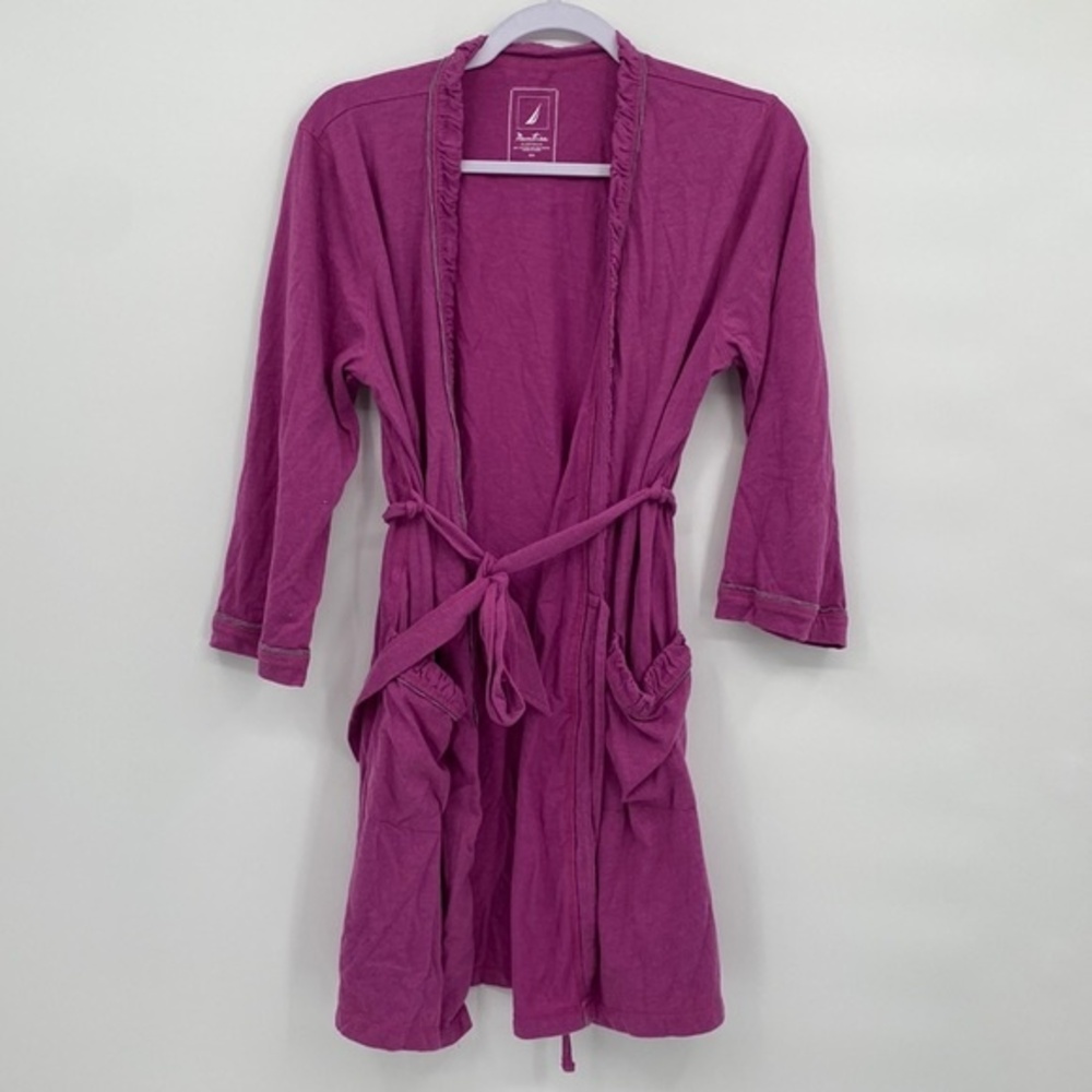 Nautica Sleepwear Robe Purple Ruffle Long Sleeve Knee Length S/M Cotton blend